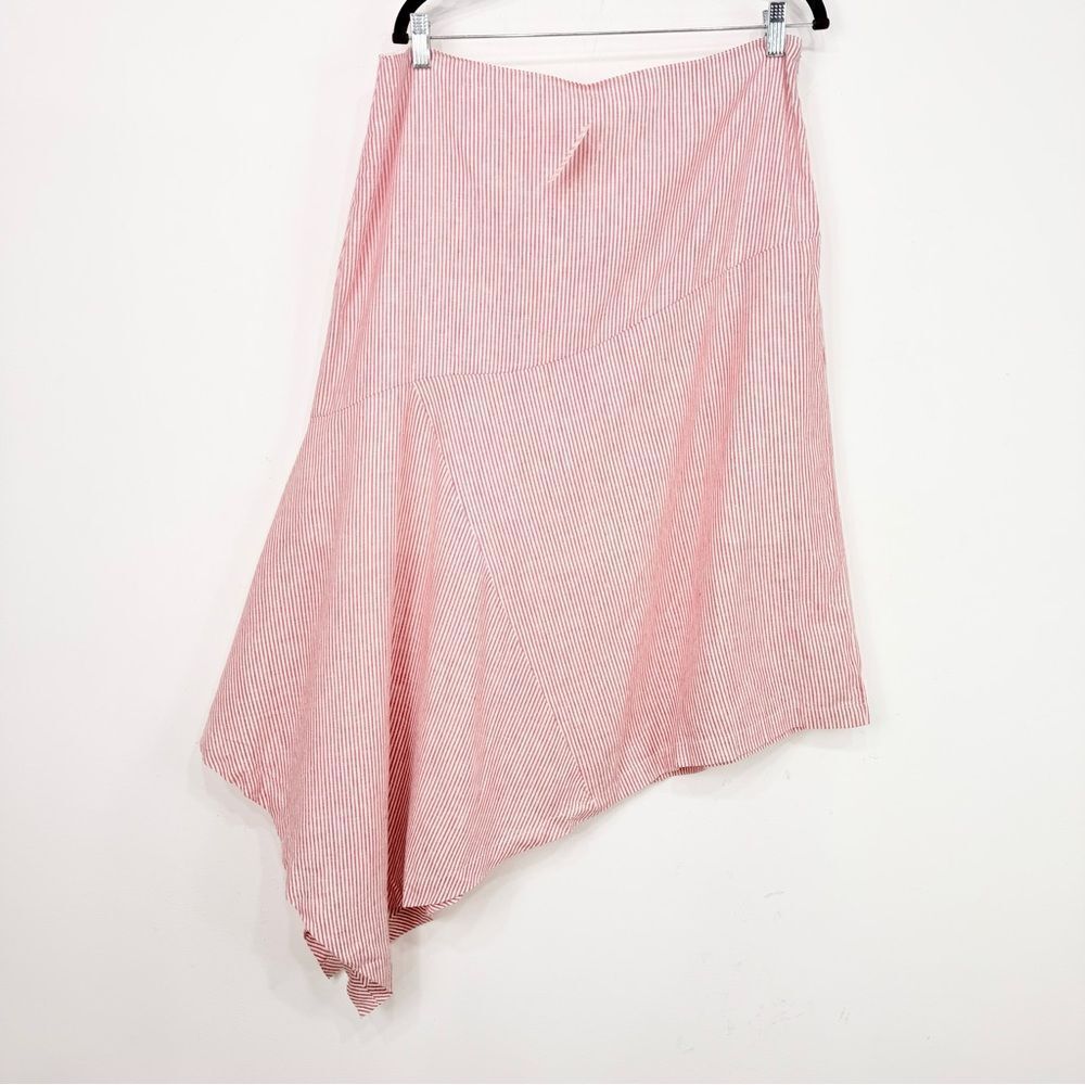 Linea Donna Cherry Red White Pinstriped Asymmetrical Hem Midi Nautical Skirt NEW